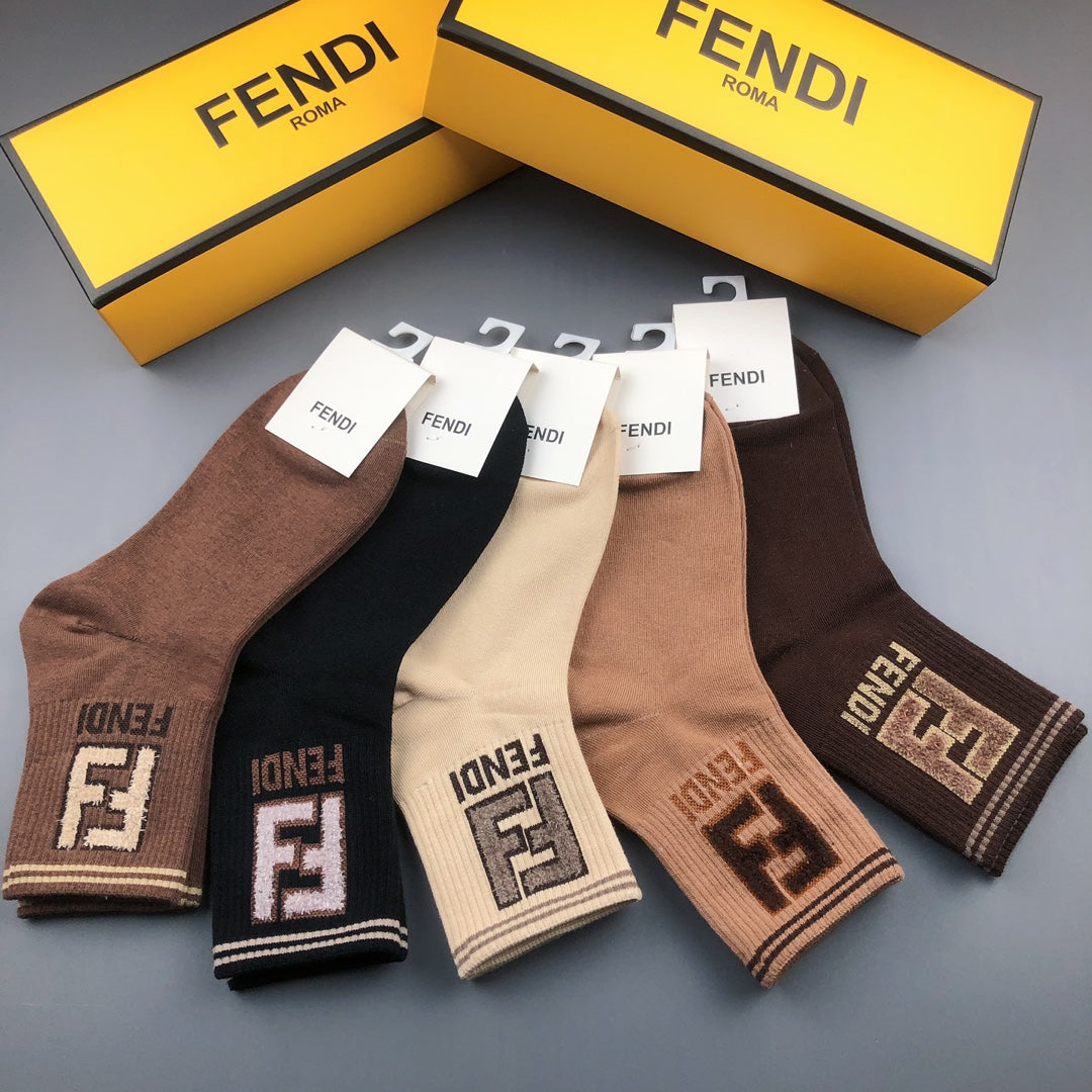 Fendi Cotton Visible Colour, Cuff And Emblem Details Crew Socks - 5-Pair Set