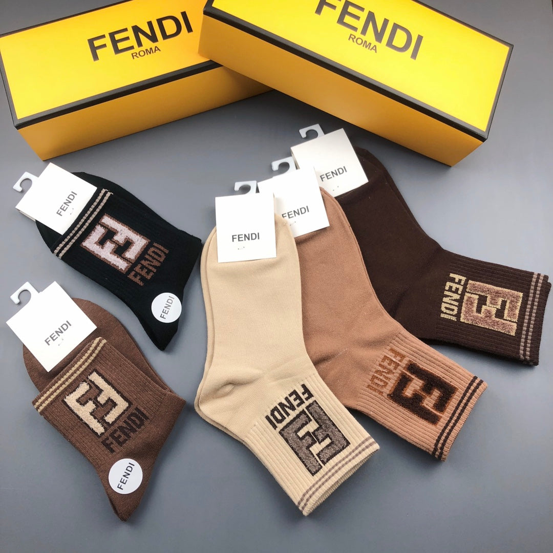 Fendi Cotton Visible Colour, Cuff And Emblem Details Crew Socks - 5-Pair Set
