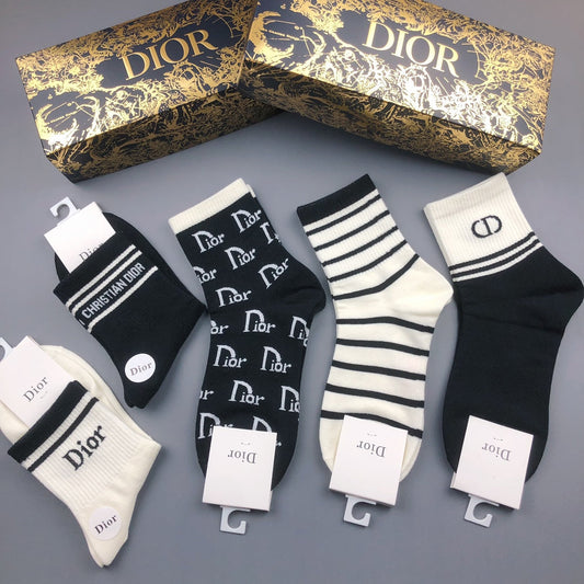 Dior Monogram-Style And Striped Designs Crew Socks - 5-Pair Set