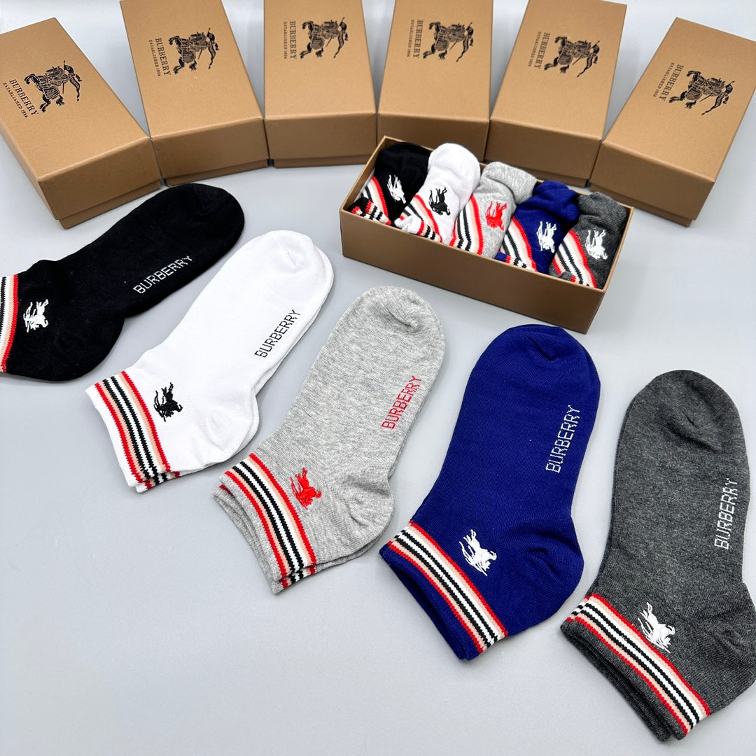 Burberry Red-White-Blue Stripe Accents No-Show Socks - 5-Pair Set