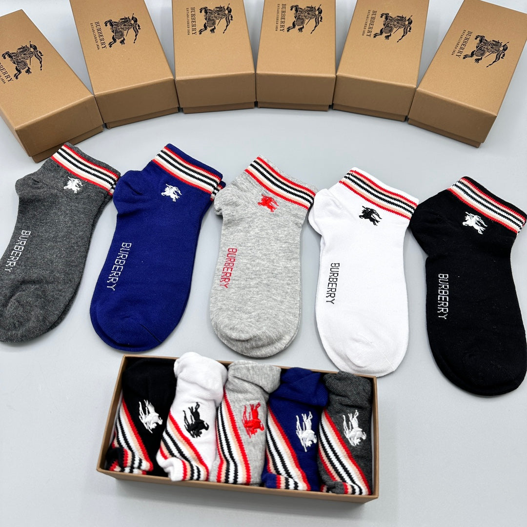 Burberry Red-White-Blue Stripe Accents No-Show Socks - 5-Pair Set