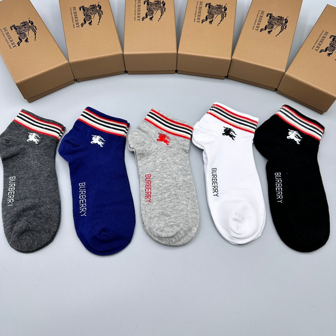 Burberry Red-White-Blue Stripe Accents No-Show Socks - 5-Pair Set