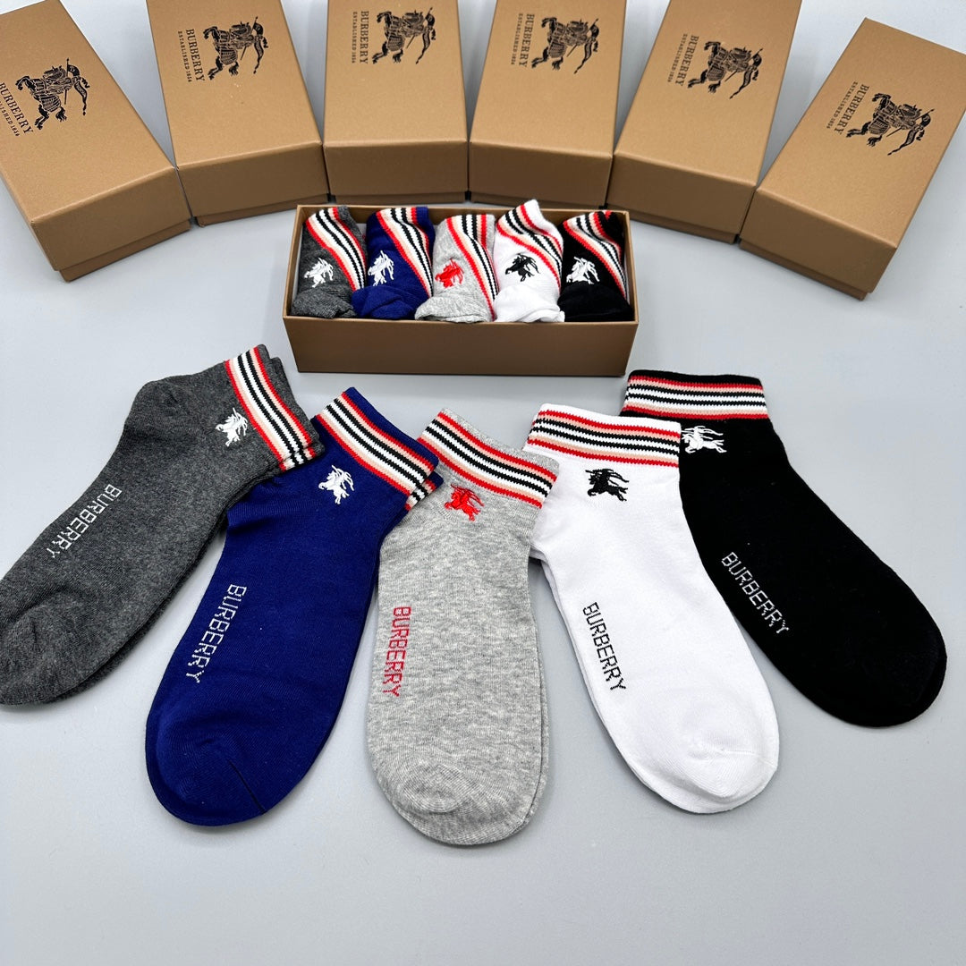 Burberry Red-White-Blue Stripe Accents No-Show Socks - 5-Pair Set