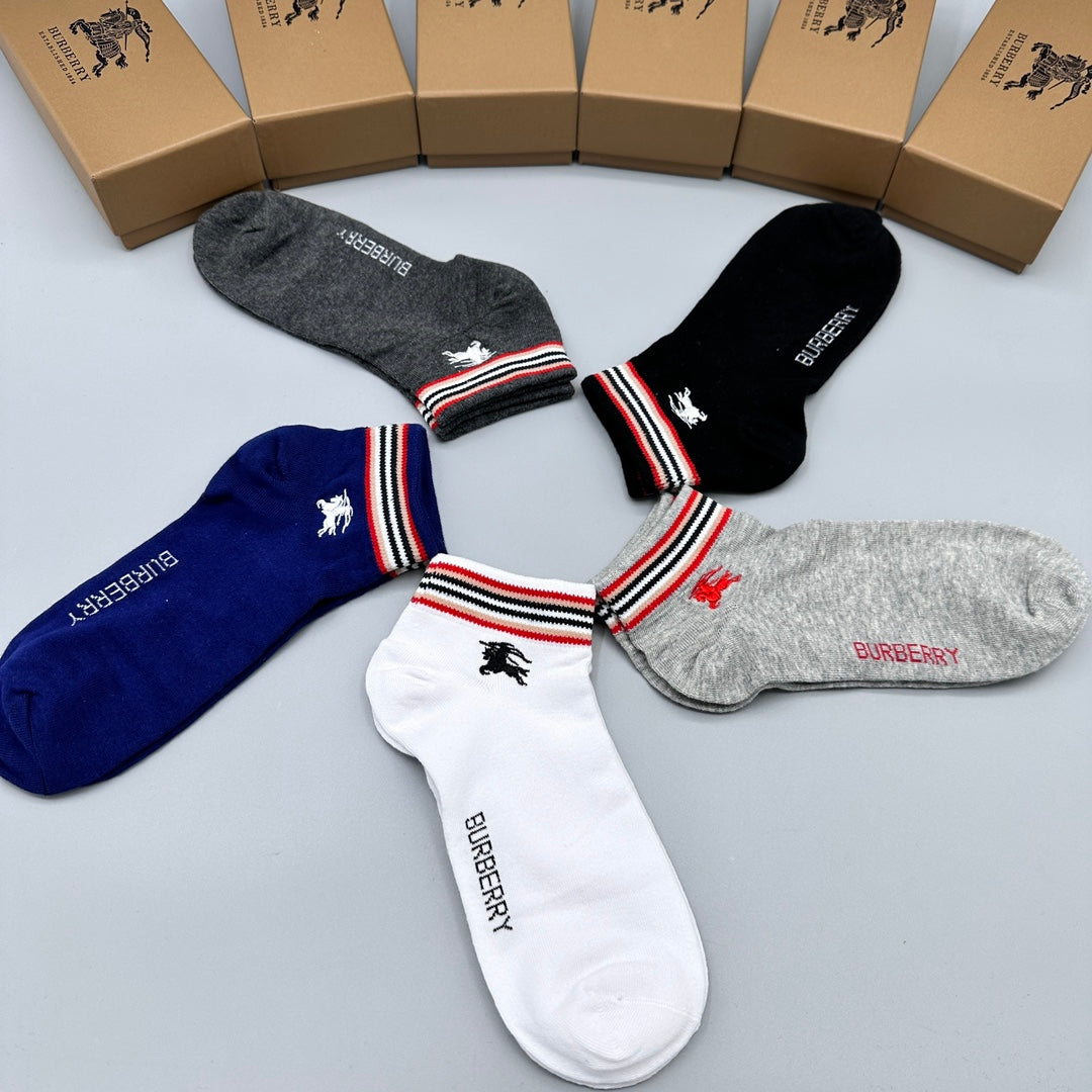 Burberry Red-White-Blue Stripe Accents No-Show Socks - 5-Pair Set