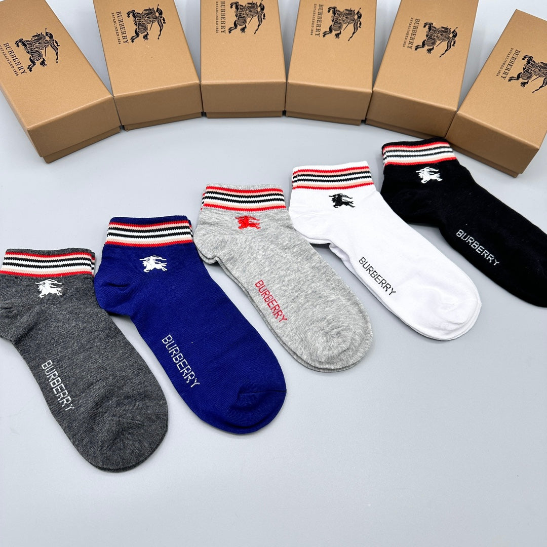 Burberry Red-White-Blue Stripe Accents No-Show Socks - 5-Pair Set