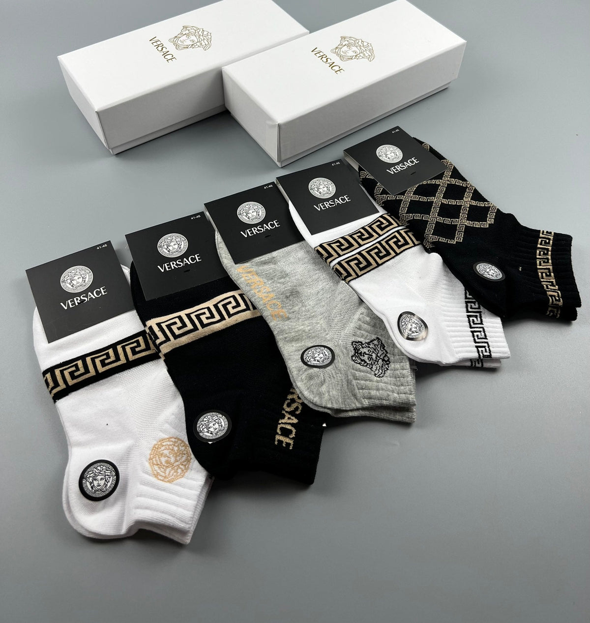 Versace Greek-Key And Medallion Details Ankle Socks - 5-Pair Set