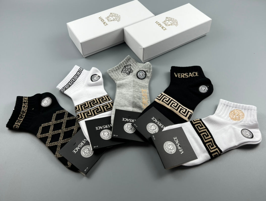 Versace Greek-Key And Medallion Details Ankle Socks - 5-Pair Set