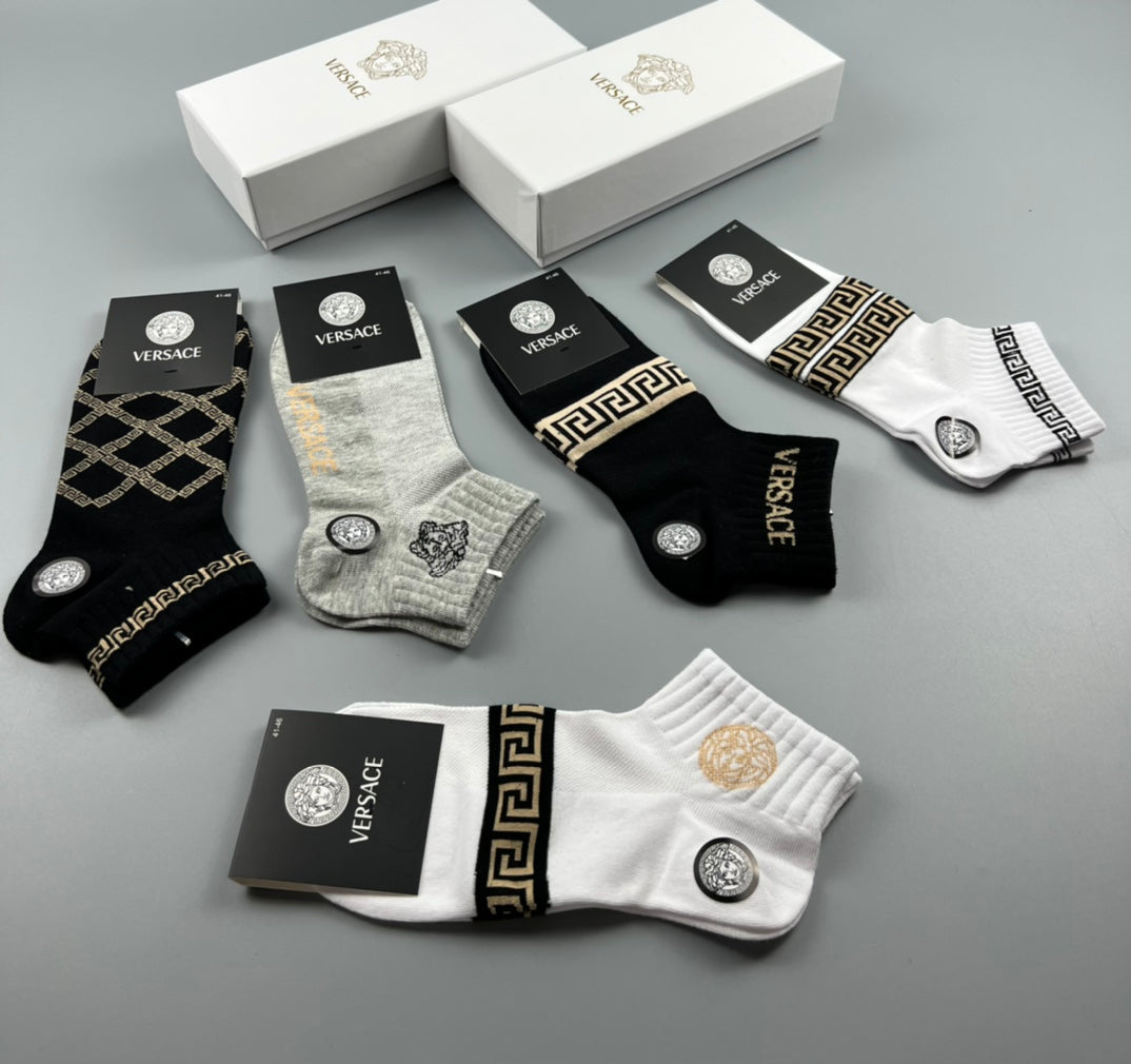 Versace Greek-Key And Medallion Details Ankle Socks - 5-Pair Set