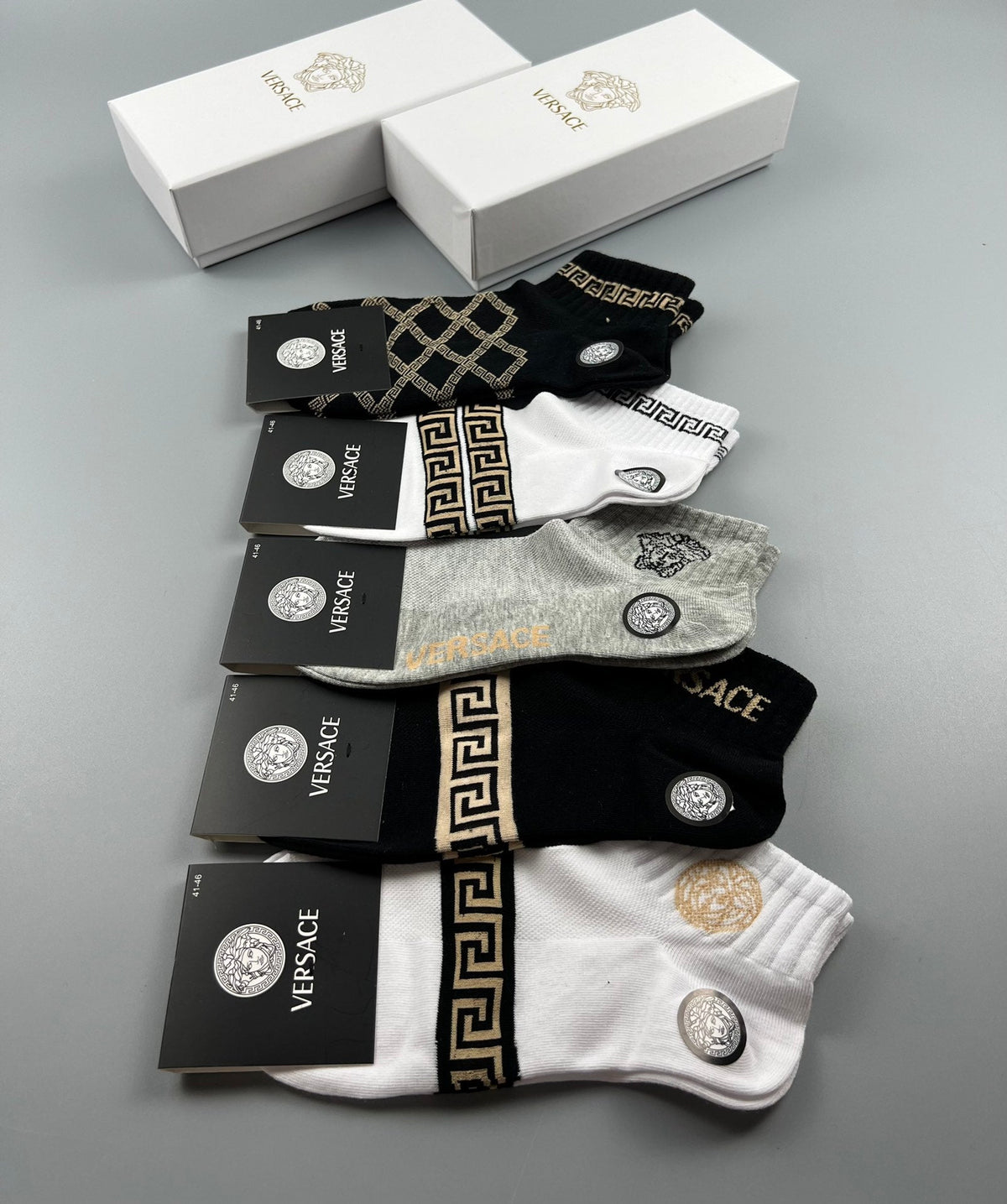 Versace Cotton blend Geometric Lattice And Medallion Motifs Ankle Socks - 5-Pair Set
