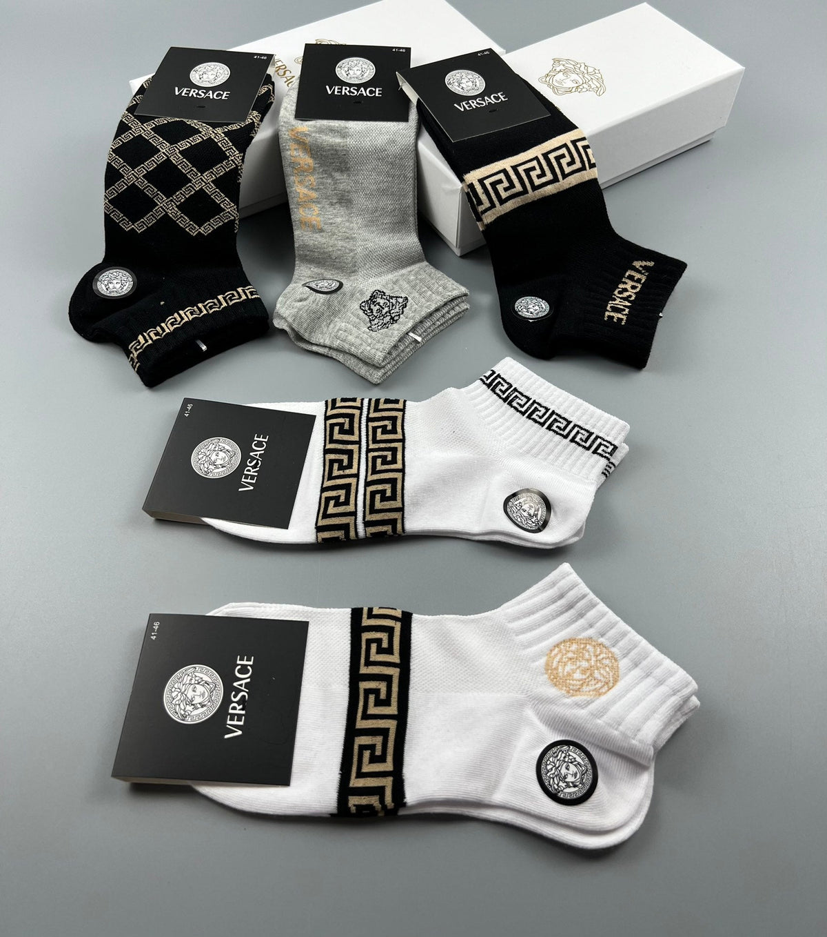 Versace Cotton blend Geometric Lattice And Medallion Motifs Ankle Socks - 5-Pair Set