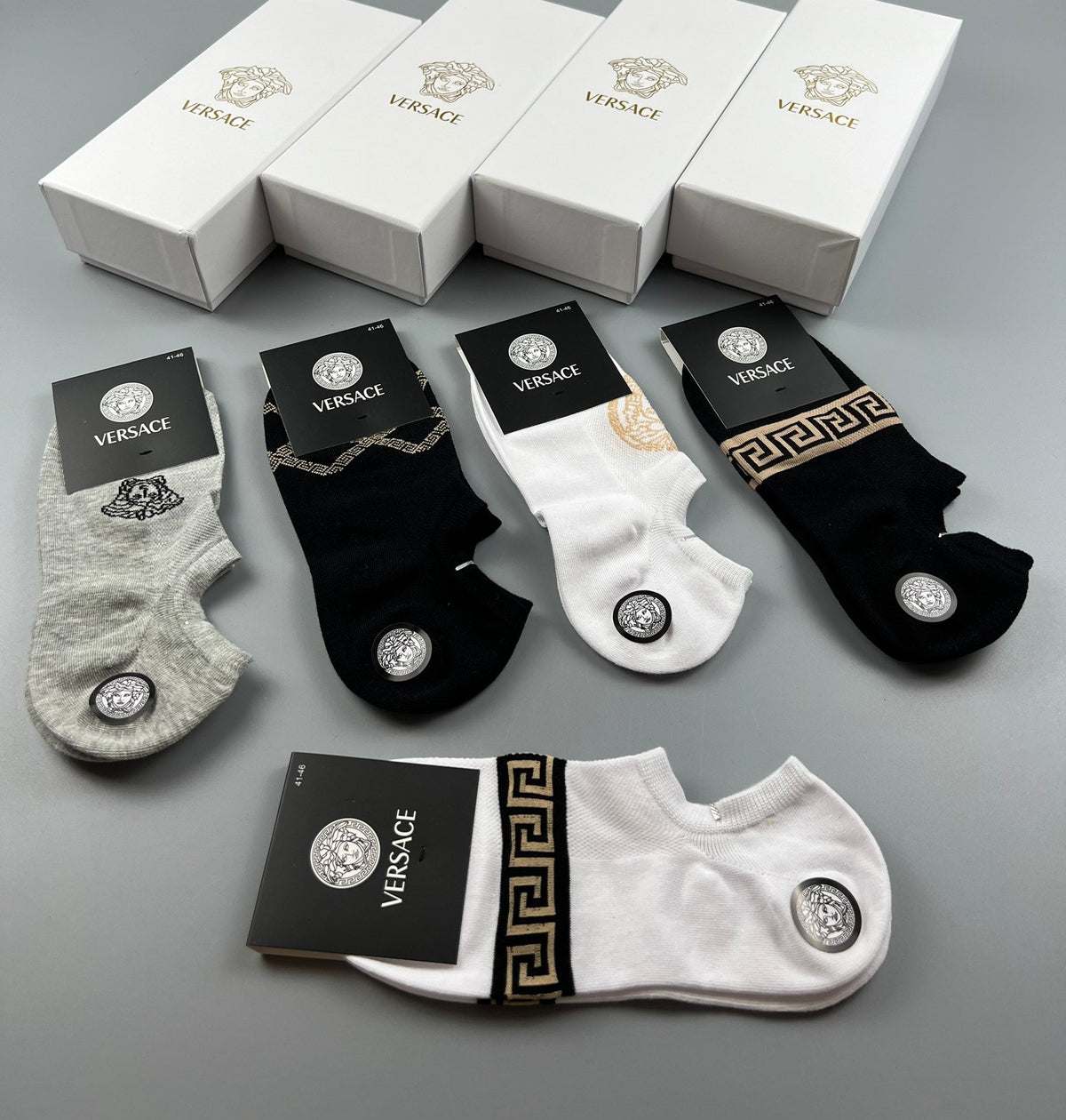 Versace Ankle Socks - Black, White and Grey 5-Pair Box