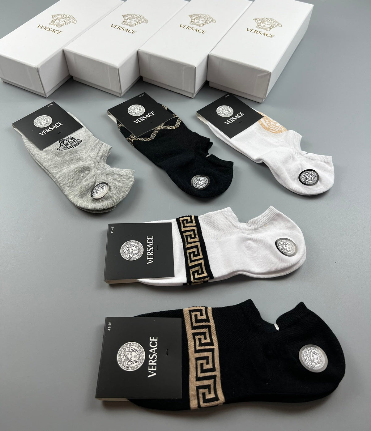 Versace Ankle Socks - Black, White and Grey 5-Pair Box
