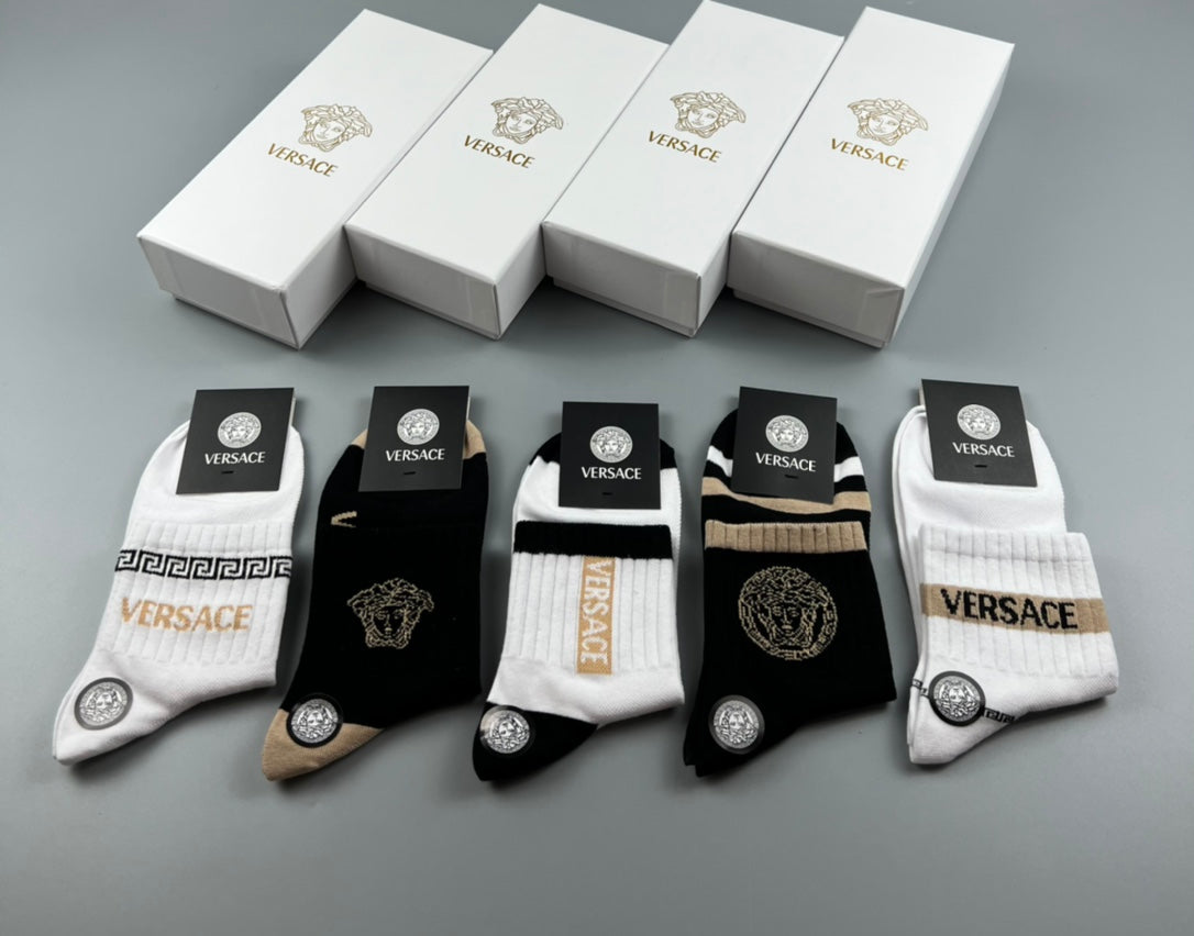 Versace Cotton Visible Branded Cuff Or Emblem Details Crew Socks - 5-Pair Set