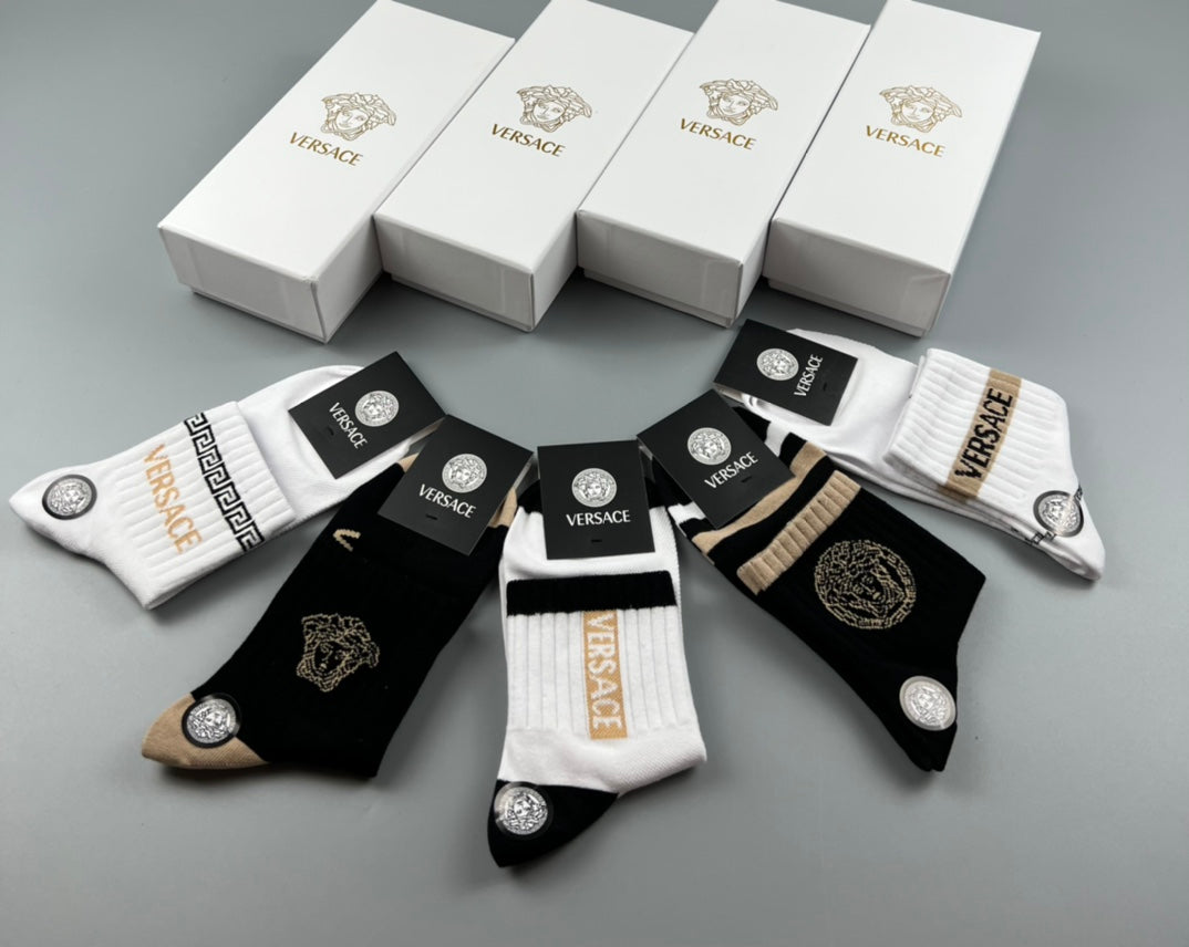 Versace Cotton Visible Branded Cuff Or Emblem Details Crew Socks - 5-Pair Set