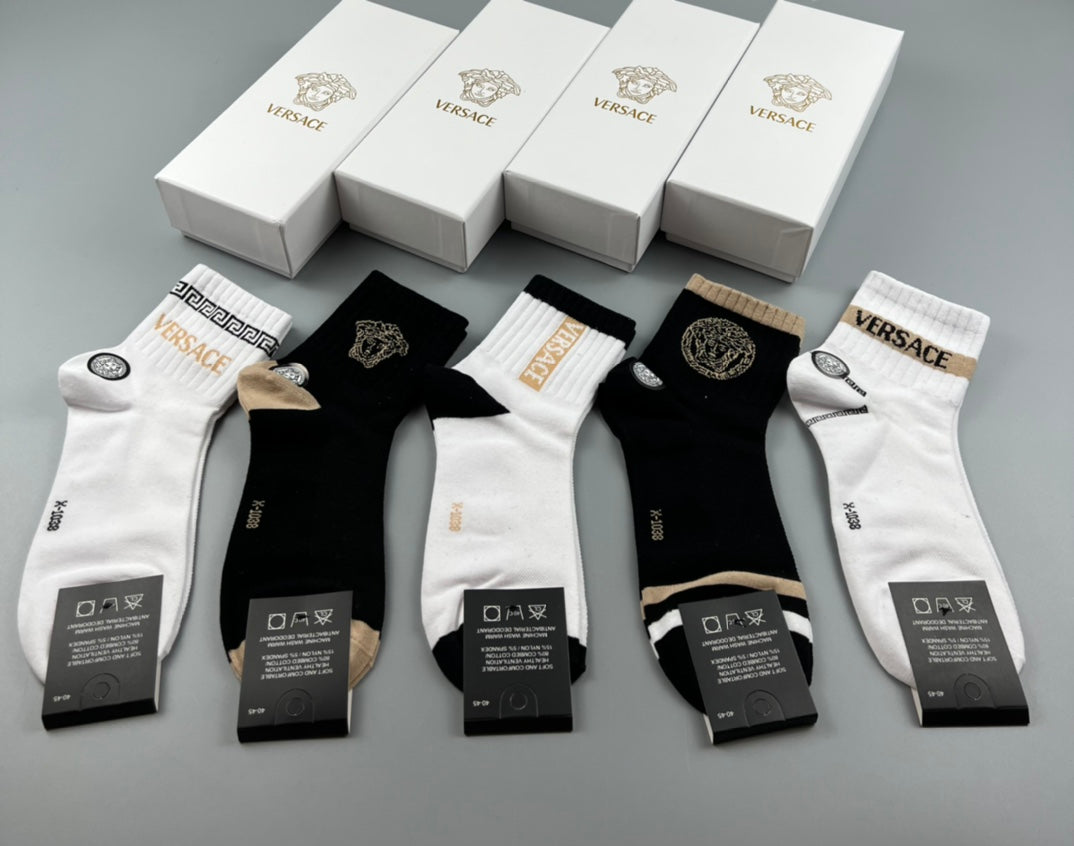 Versace Cotton Visible Branded Cuff Or Emblem Details Crew Socks - 5-Pair Set