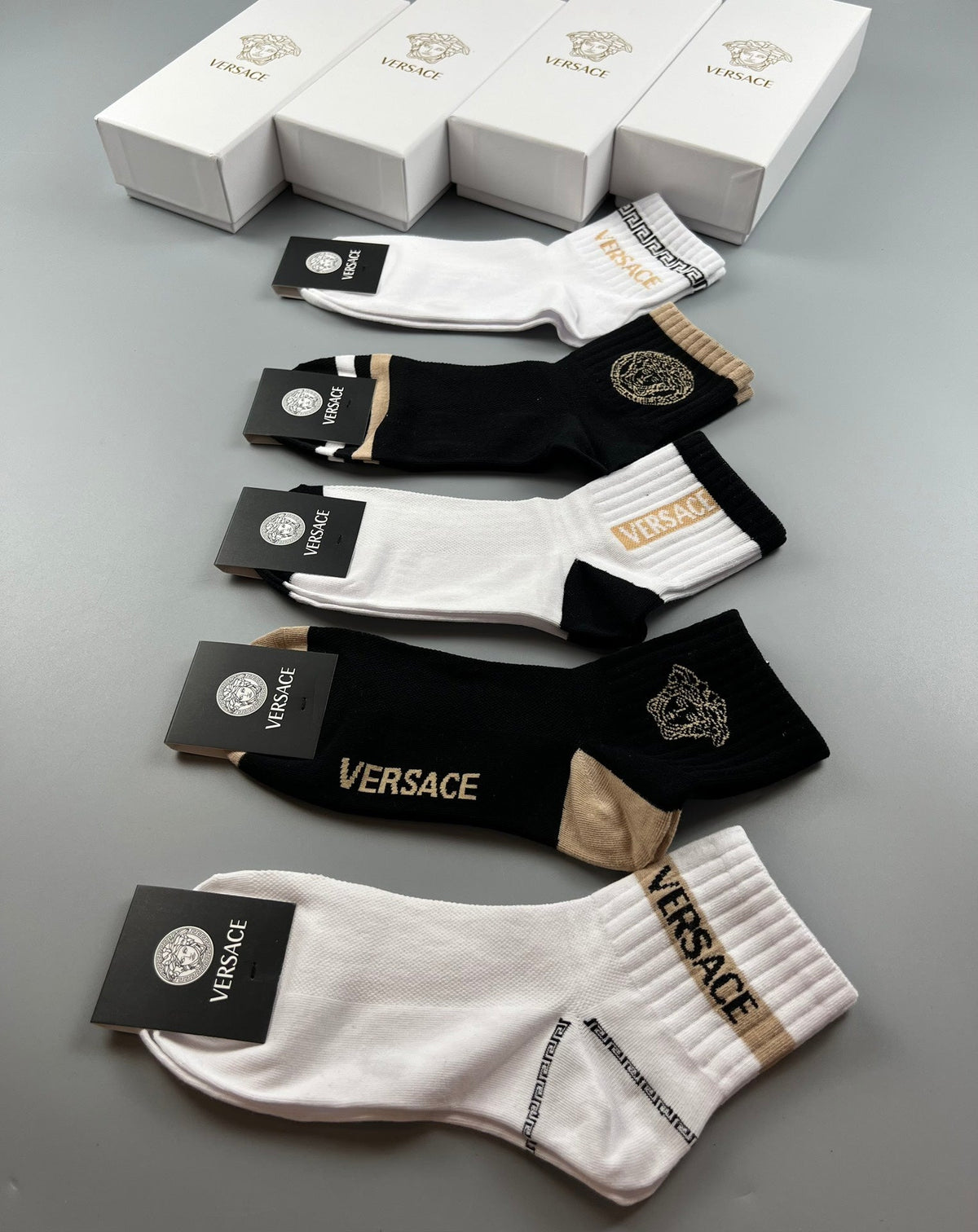 Versace Cotton Visible Branded Cuff Or Emblem Details Crew Socks - 5-Pair Set