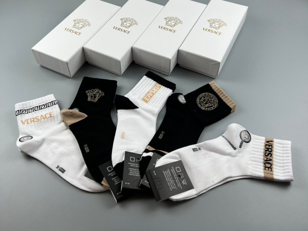 Versace Cotton Visible Branded Cuff Or Emblem Details Crew Socks - 5-Pair Set