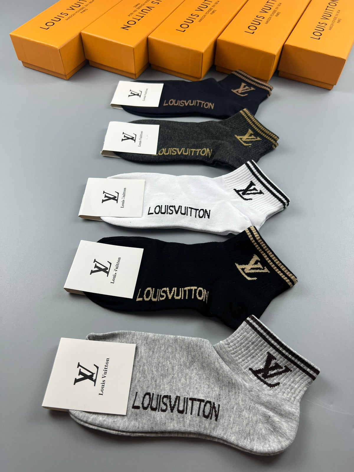 Louis Vuitton Ankle Socks - Black, Grey and White 5-Pair Box