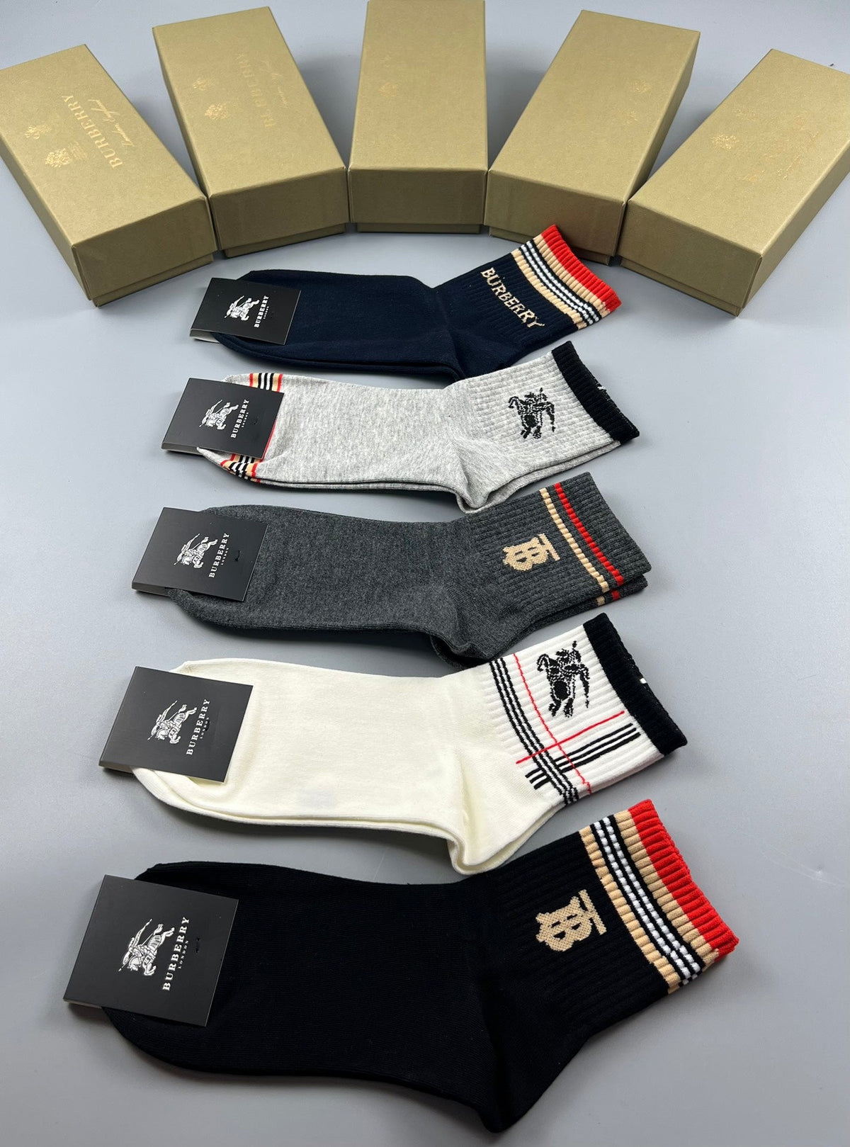 Burberry Cotton Simple Contrast Details Mid-Calf Socks - 5-Pair Set