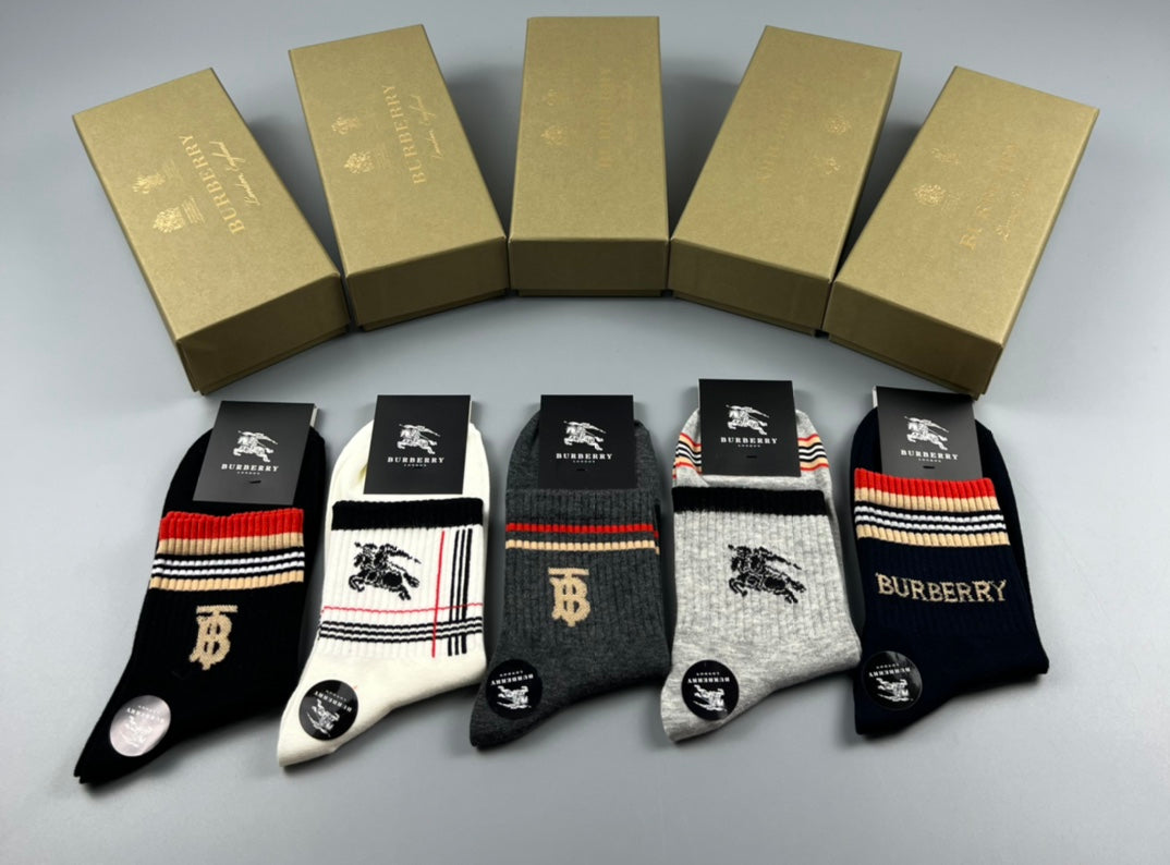 Burberry Cotton Simple Contrast Details Mid-Calf Socks - 5-Pair Set