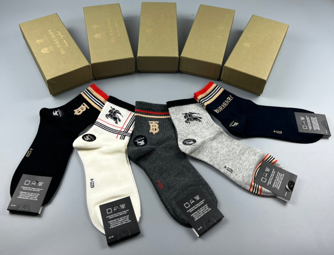 Burberry Cotton Simple Contrast Details Mid-Calf Socks - 5-Pair Set