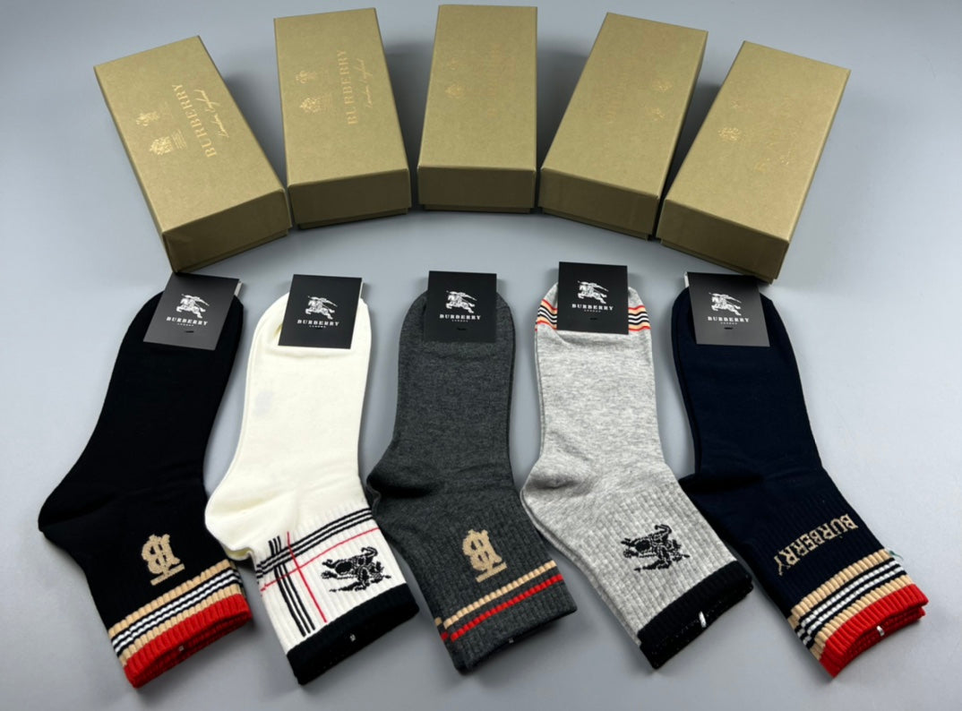Burberry Cotton Simple Contrast Details Mid-Calf Socks - 5-Pair Set