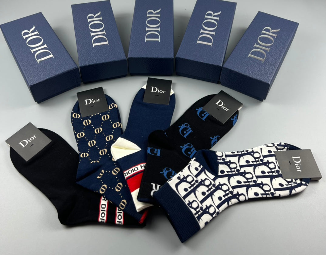Dior Mixed Monogram-Style And Stripe Details Crew Socks - 5-Pair Set