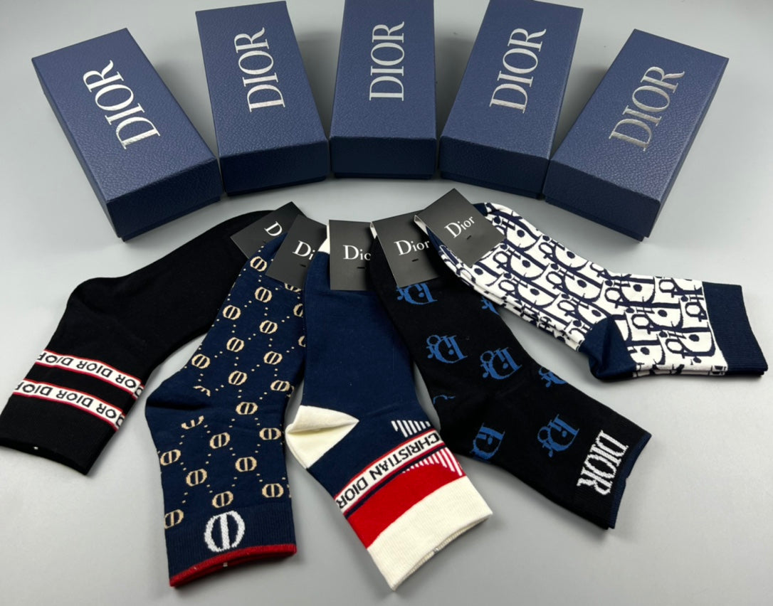 Dior Mixed Monogram-Style And Stripe Details Crew Socks - 5-Pair Set