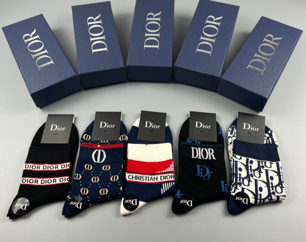 Dior Mixed Monogram-Style And Stripe Details Crew Socks - 5-Pair Set
