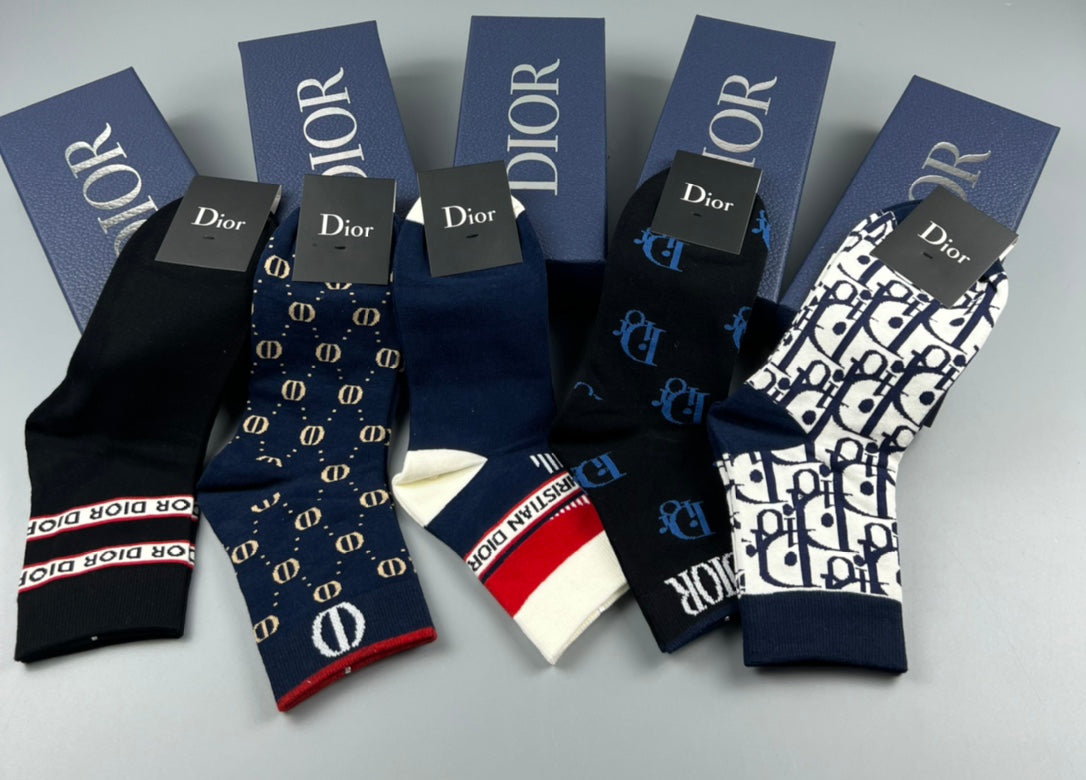 Dior Mixed Monogram-Style And Stripe Details Crew Socks - 5-Pair Set