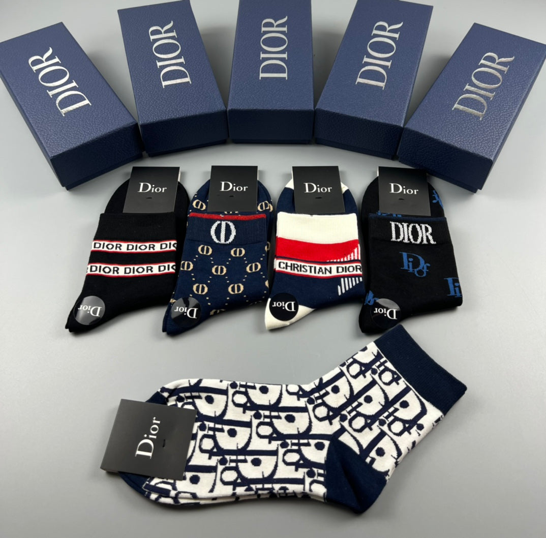 Dior Mixed Monogram-Style And Stripe Details Crew Socks - 5-Pair Set