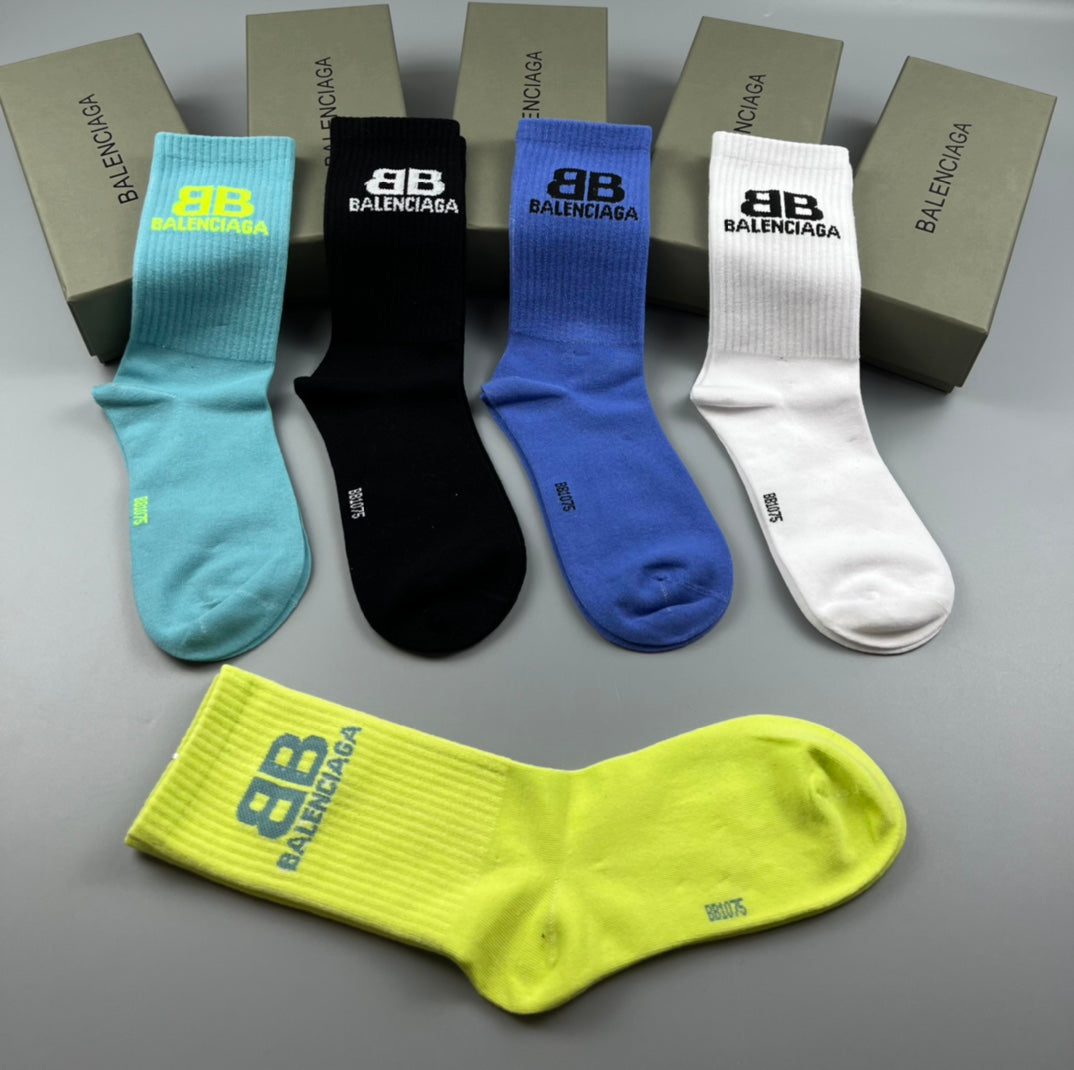 Balenciaga Crew Socks - Black, White, Blue and Green 5-Pair Box