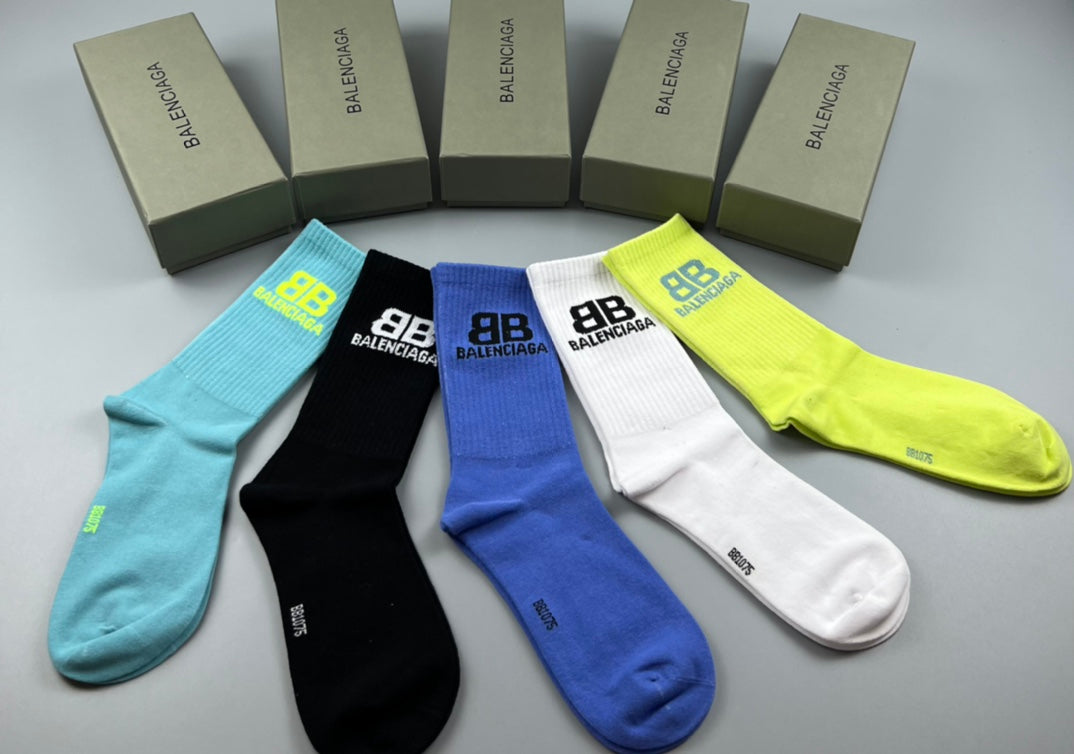 Balenciaga Crew Socks - Black, White, Blue and Green 5-Pair Box