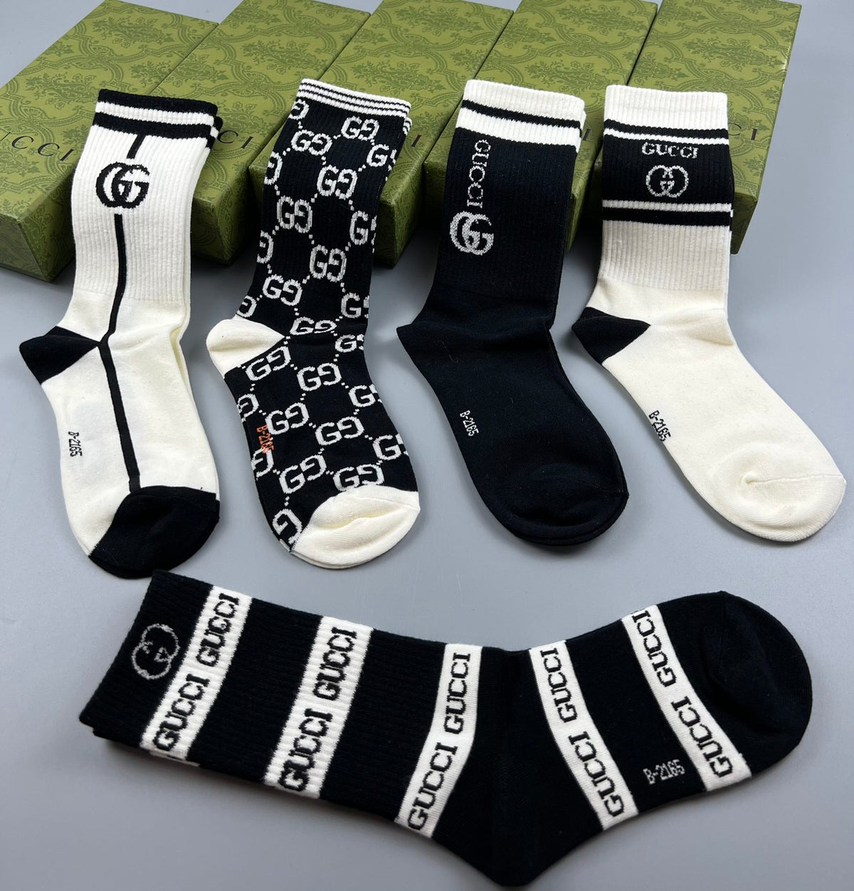 Gucci Cotton Mixed Monogram-Style Patterns And Wordmarks Crew Socks - 5-Pair Set