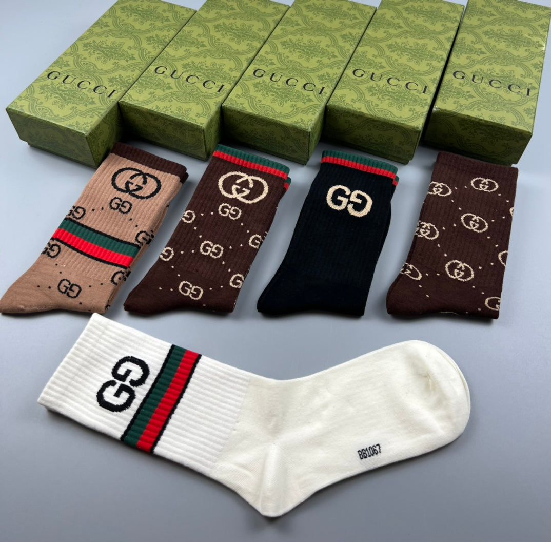 Gucci Monogram Crew Crew Socks 5-Pair Box Collection Essentials