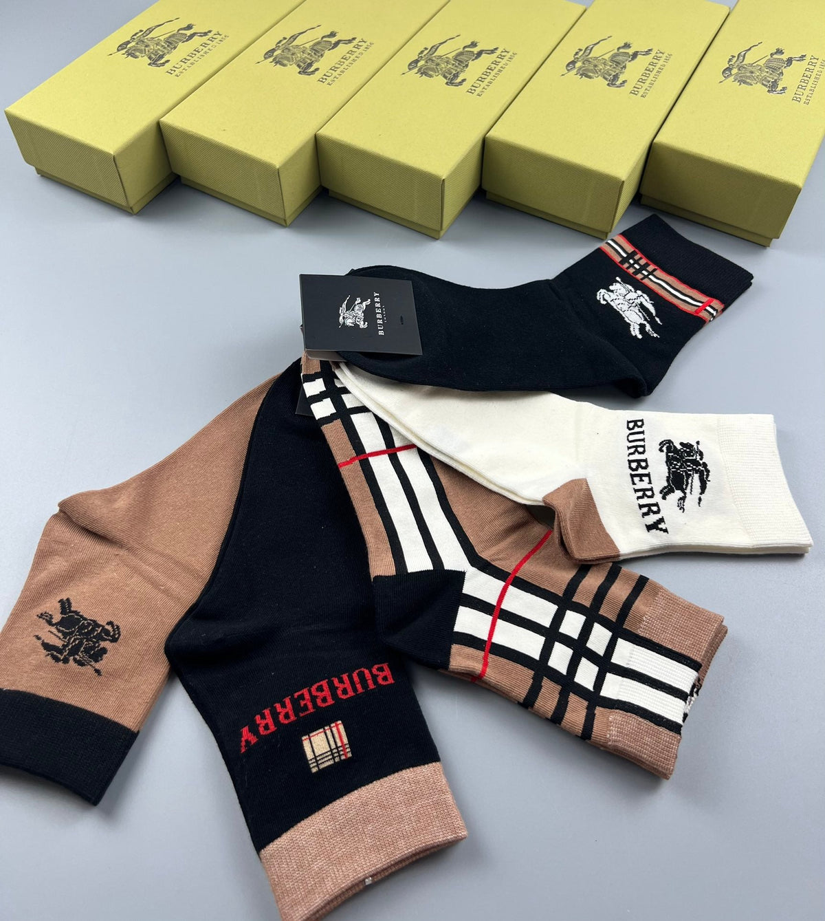 Burberry Cotton Check-Inspired Details Mid-Calf Socks - 5-Pair Set