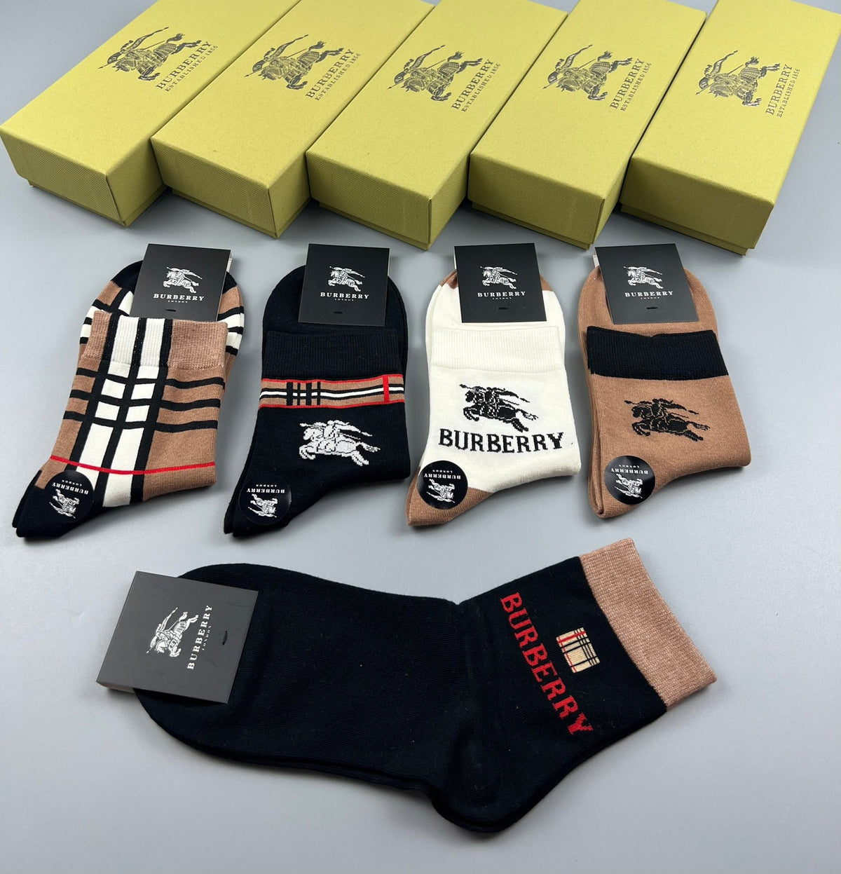Burberry Cotton Check-Inspired Details Mid-Calf Socks - 5-Pair Set