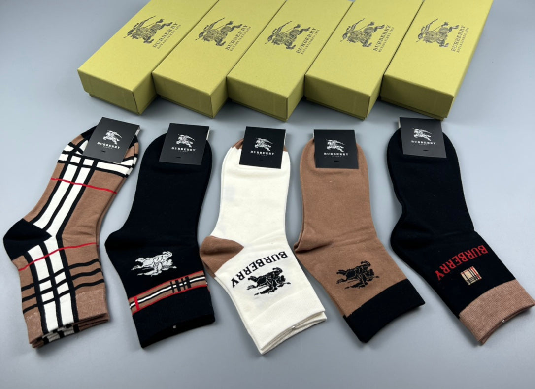 Burberry Cotton Check-Inspired Details Mid-Calf Socks - 5-Pair Set