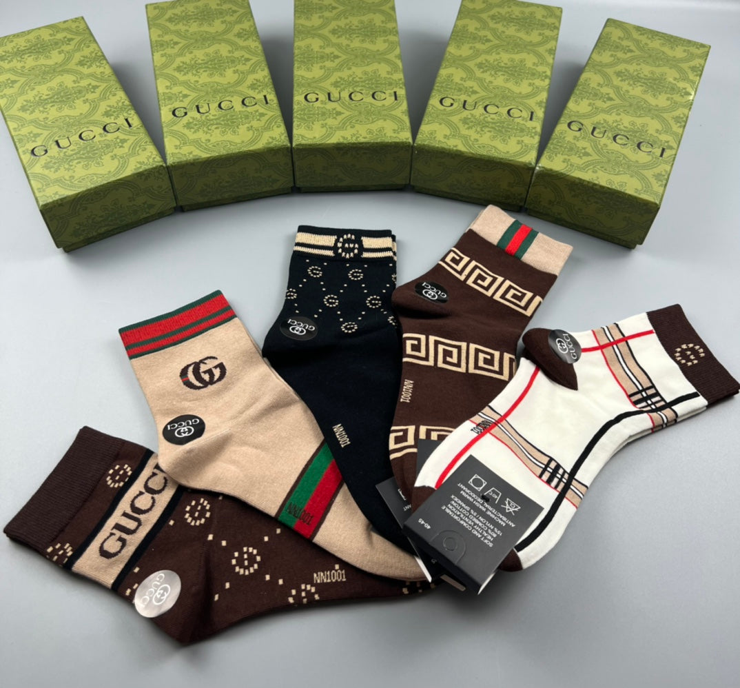 Gucci Cotton Visible Cuff, Colour And Emblem Details Crew Socks - 5-Pair Set