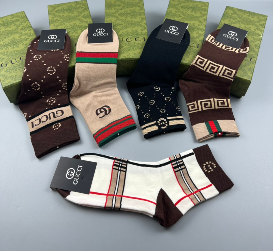 Gucci Cotton Visible Cuff, Colour And Emblem Details Crew Socks - 5-Pair Set