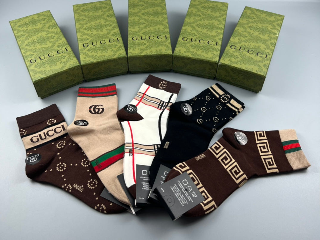 Gucci Cotton Visible Cuff, Colour And Emblem Details Crew Socks - 5-Pair Set