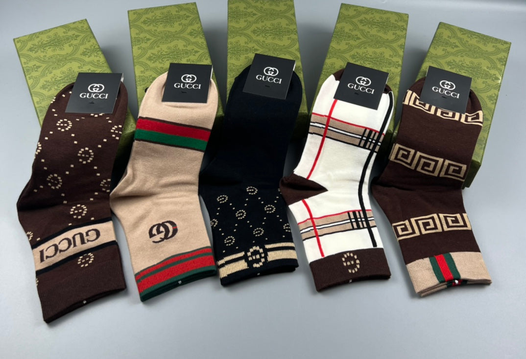 Gucci Cotton Visible Cuff, Colour And Emblem Details Crew Socks - 5-Pair Set