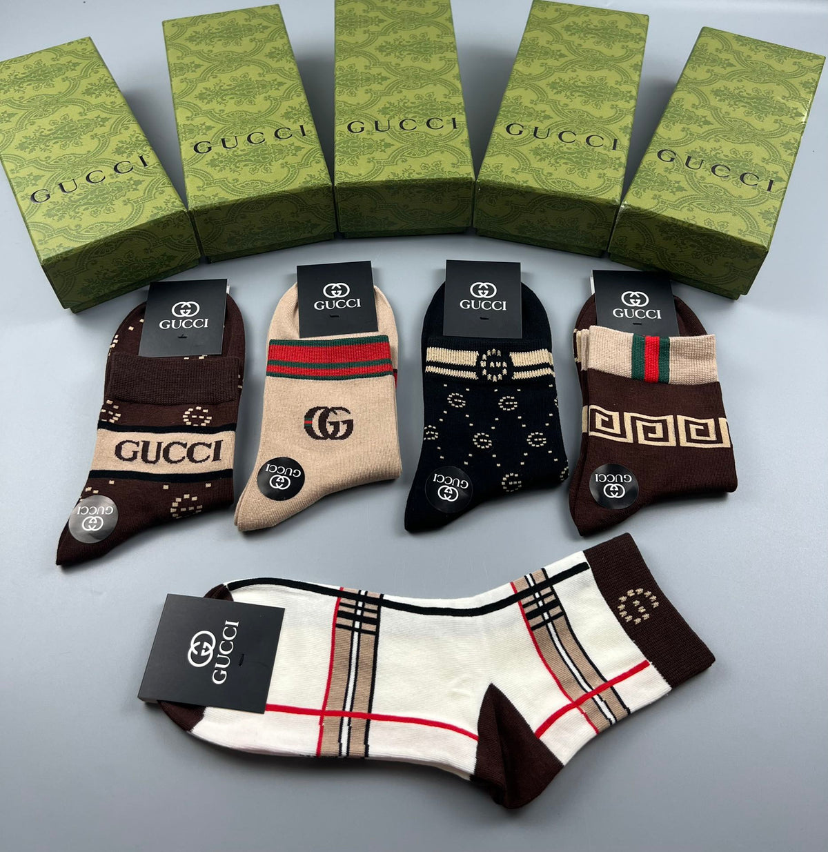 Gucci Cotton Visible Cuff, Colour And Emblem Details Crew Socks - 5-Pair Set