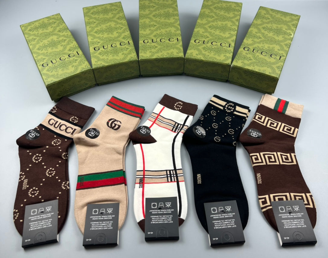 Gucci Cotton Visible Cuff, Colour And Emblem Details Crew Socks - 5-Pair Set