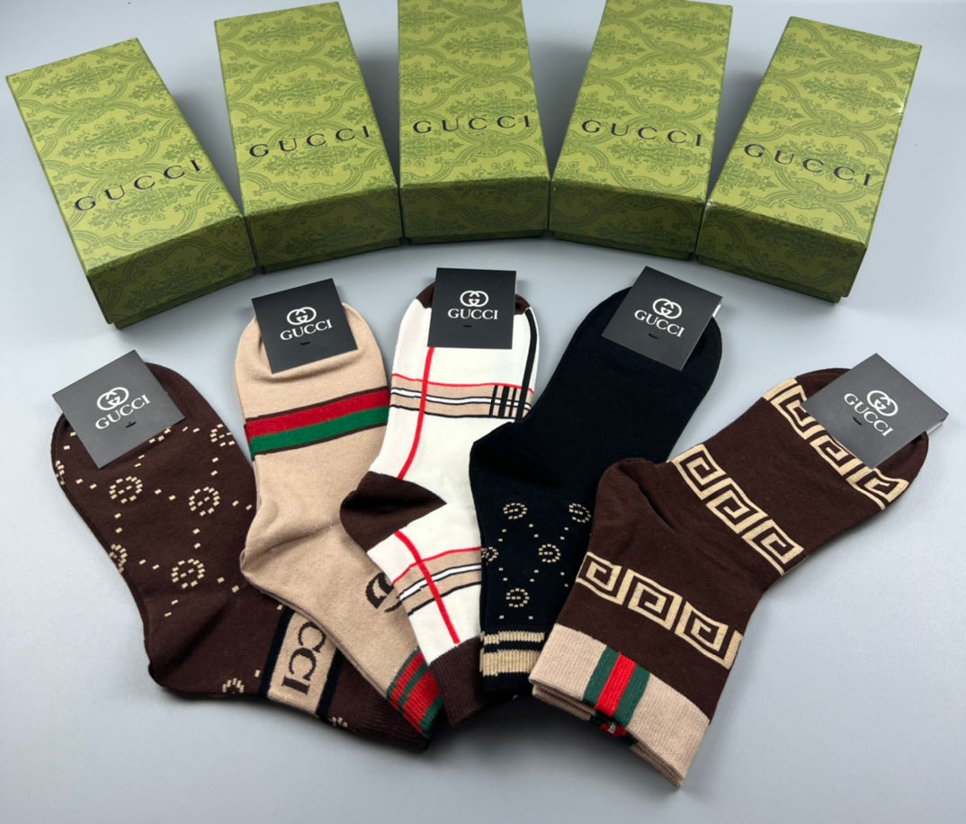 Gucci Cotton Visible Cuff, Colour And Emblem Details Crew Socks - 5-Pair Set