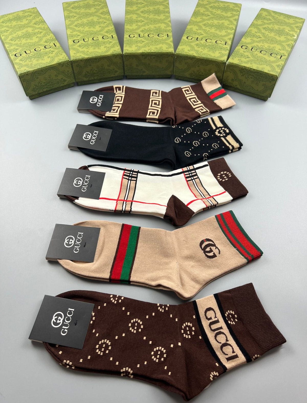 Gucci Cotton Visible Cuff, Colour And Emblem Details Crew Socks - 5-Pair Set
