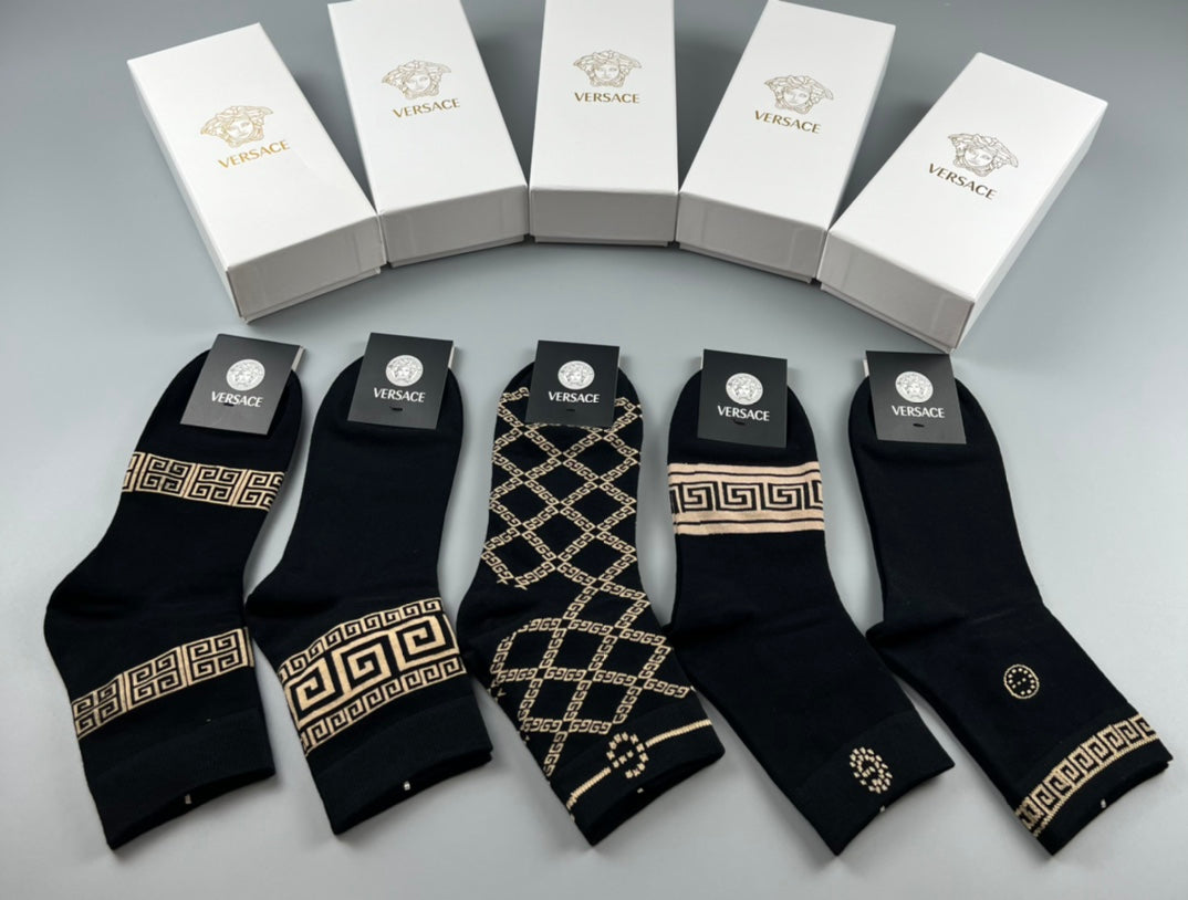 Versace Mixed Gold-Tone Greek-Key And Medallion Graphics Ankle Socks - 5-Pair Set