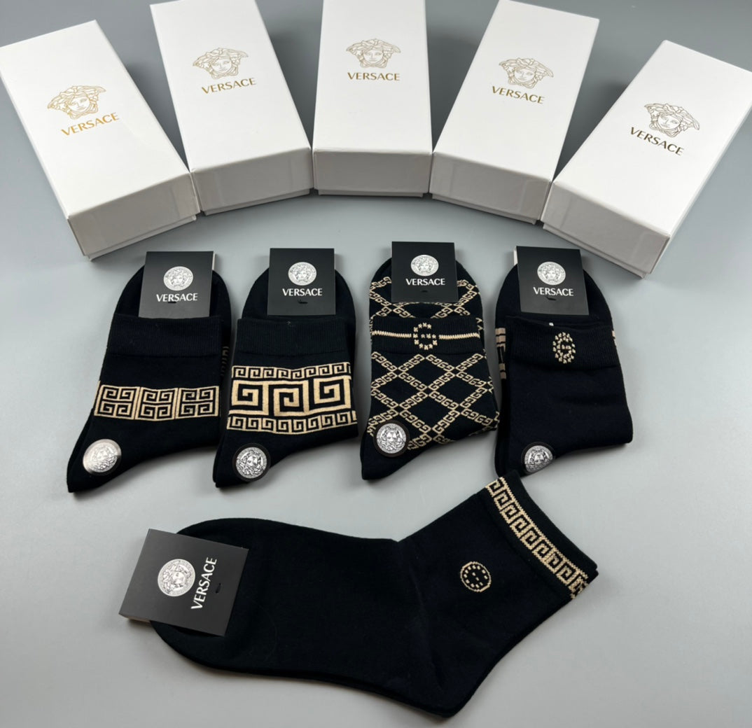 Versace Mixed Gold-Tone Greek-Key And Medallion Graphics Ankle Socks - 5-Pair Set