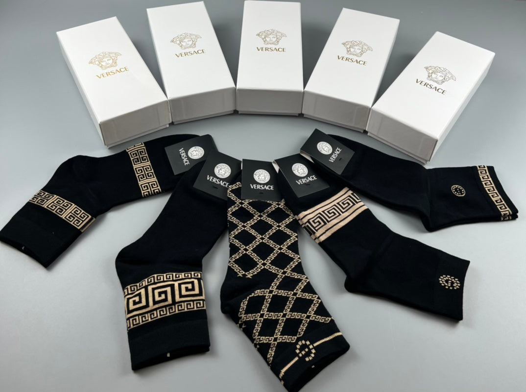 Versace Mixed Gold-Tone Greek-Key And Medallion Graphics Ankle Socks - 5-Pair Set