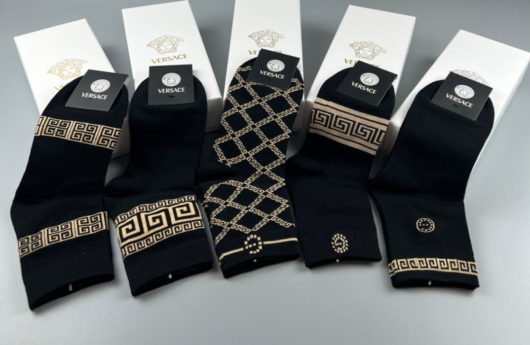 Versace Mixed Gold-Tone Greek-Key And Medallion Graphics Ankle Socks - 5-Pair Set
